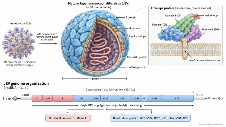 Cutaway of mature and immature Japanese encephalitis virus particles alongside the +ssRNA genome showing C, prM, E and NS1–NS5 coding regions.