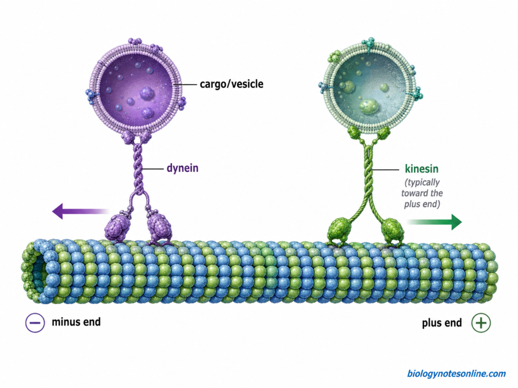 Kinesin and dynein motor proteins carrying cellular cargo in opposite directions along a polar microtubule.