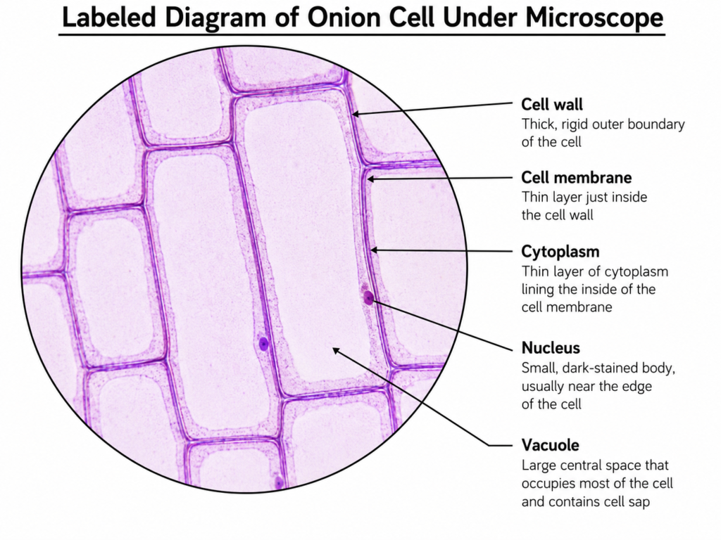 Onion Cells (Onion peel) Under a Microscope - Onion Epidermal Cell Wall 4 Labeled Diagram of Onion Cell Under Microscope