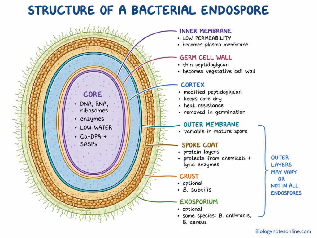 Endospore - Structure, Sporulation, Germination and Examples 1 Labelled diagram showing Structure of a Bacterial Endospore