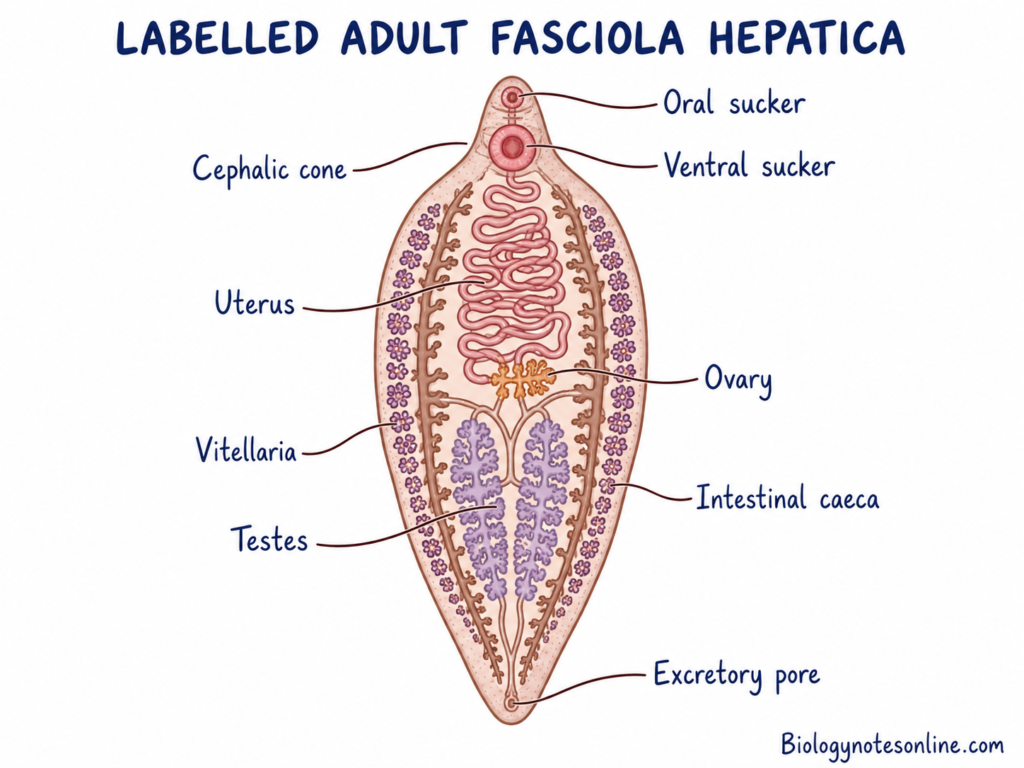 Labelled diagram of adult Fasciola hepatica