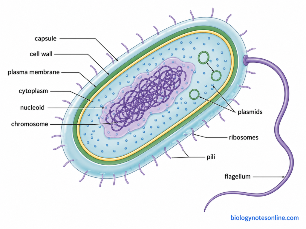 Labelled diagram showing Generalized Prokaryotic Cell Structure