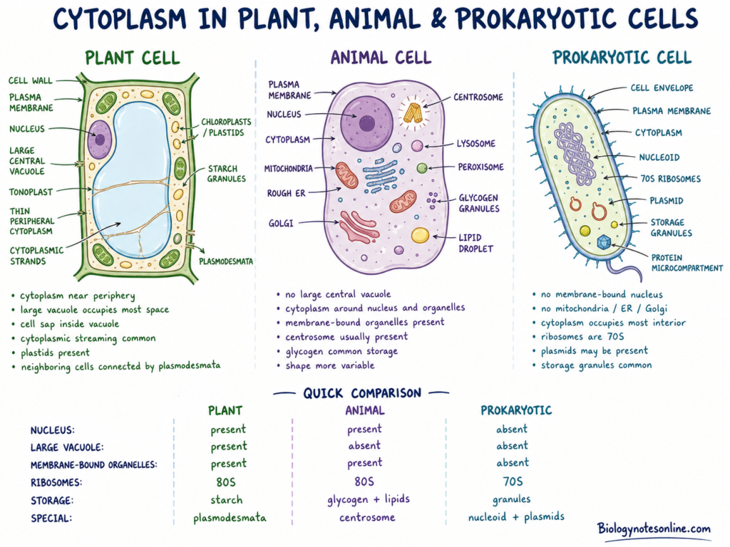 Labelled diagram showing Plant, Animal and Prokaryotic Cell Comparison