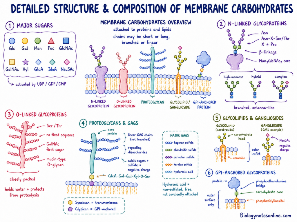 Labelled diagram showing Structure and Composition of Membrane Carbohydrates