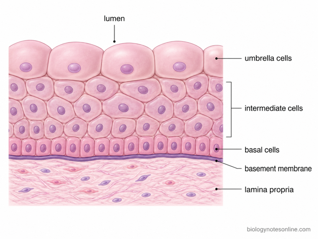 Labelled diagram showing Structure of Transitional Epithelium