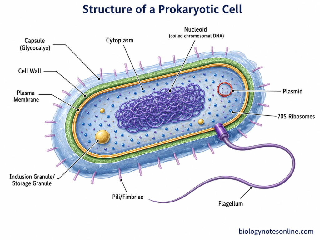 Labelled diagram showing Structure of a Prokaryotic Cell