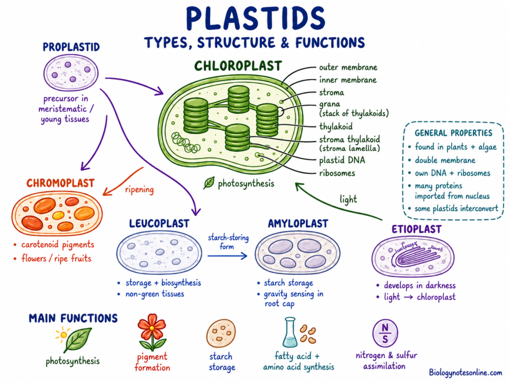 Labelled diagram showing structure and functions of Plastids