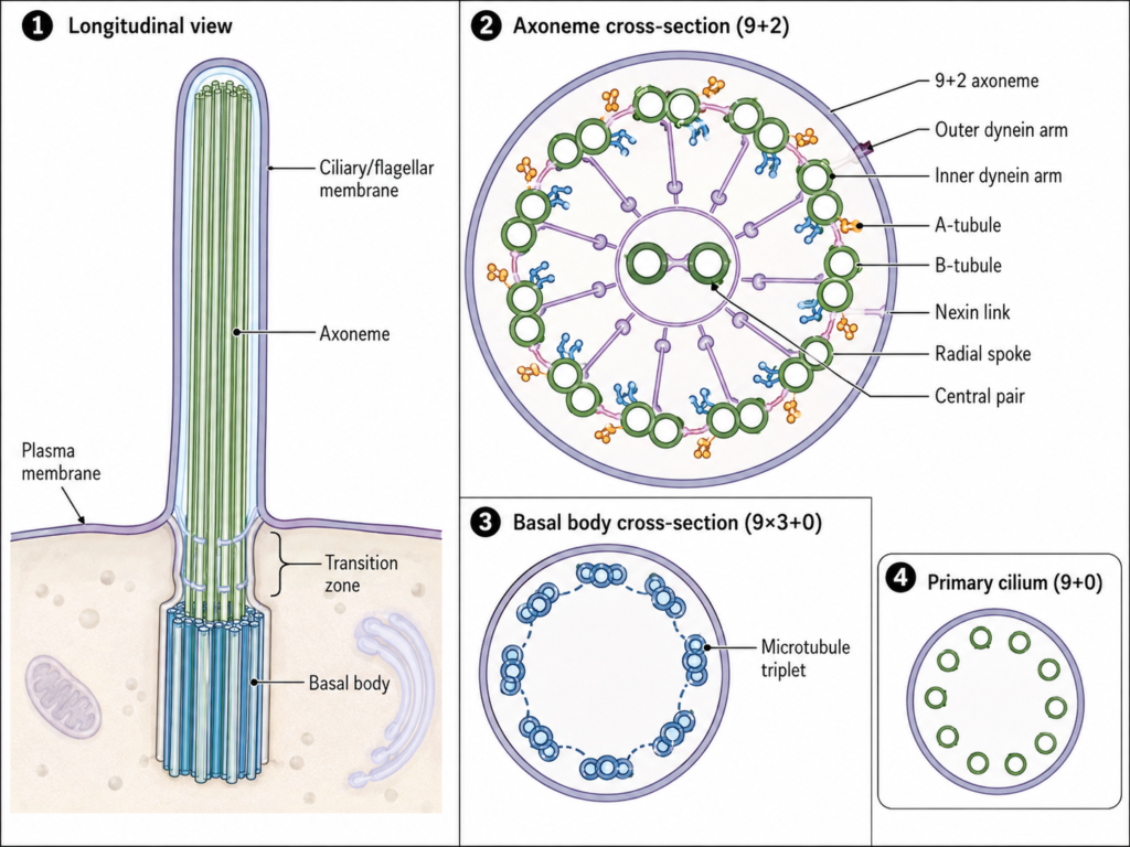Labelled diagram showing structure of cilia and flagella