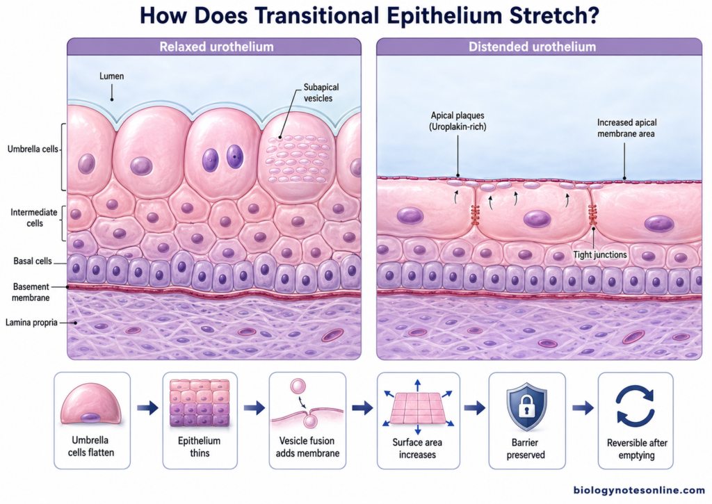 Labelled diagram showing How Does Transitional Epithelium Stretch