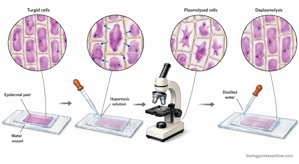 Onion epidermal cells before and after addition of a hypertonic solution, showing protoplast withdrawal during plasmolysis and recovery after distilled water is added.