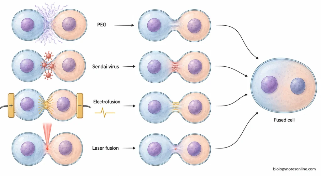Comparison of PEG-mediated, Sendai-virus-mediated, electrical, and laser-induced methods for fusing adjacent cells in the laboratory.