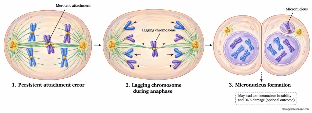 Sequential diagram showing persistent merotelic attachment, a lagging chromosome during anaphase and subsequent micronucleus formation.
