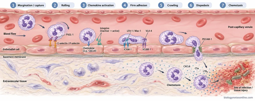 Leukocyte recruitment from blood to inflamed tissue through rolling, chemokine activation, firm adhesion, crawling, diapedesis, and chemotaxis.
