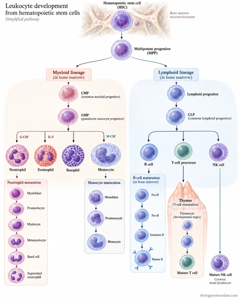 Hematopoietic stem cell differentiation into myeloid and lymphoid pathways producing granulocytes, monocytes, B cells, T cells, and NK cells.