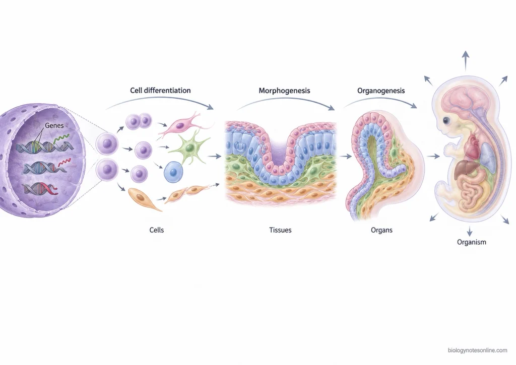 Multiscale diagram showing developmental organization from differential gene activity in cells through cell differentiation, tissue morphogenesis, organ formation, and the developing organism.