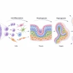 Multiscale diagram showing developmental organization from differential gene activity in cells through cell differentiation, tissue morphogenesis, organ formation, and the developing organism.