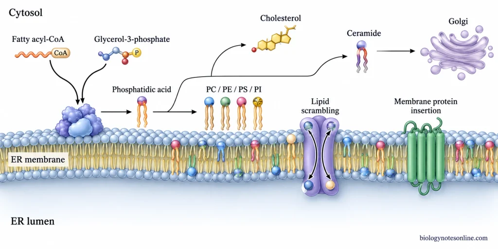Phospholipids are synthesized on the cytosolic side of the ER, redistributed between membrane leaflets, and combined with membrane proteins during ER membrane growth.