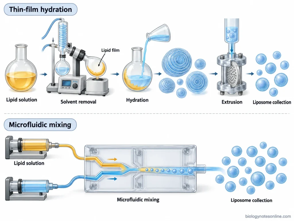 Scientific workflow comparing thin-film hydration and microfluidic liposome preparation, including lipid-film formation, hydration, extrusion and controlled fluid mixing.