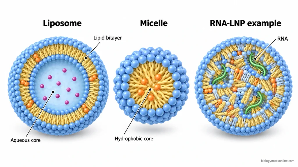 Cross-sectional comparison showing the phospholipid bilayer and aqueous core of a liposome, the hydrophobic core of a micelle and the lipid-rich interior of a representative RNA-delivery nanoparticle.