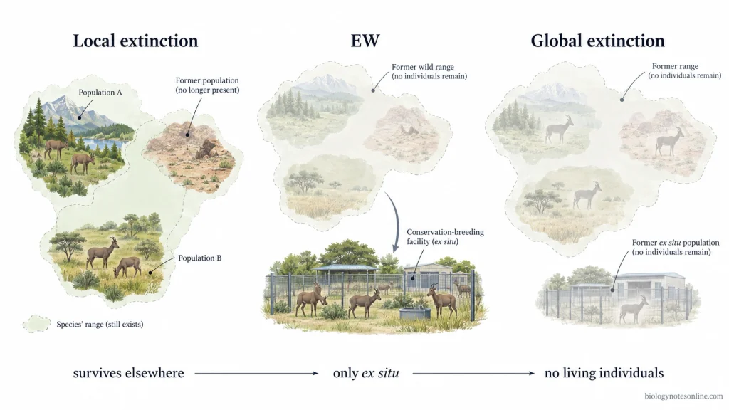 Comparison showing a species absent from one region but surviving elsewhere, absent from the wild but surviving under managed conditions, and completely extinct worldwide.