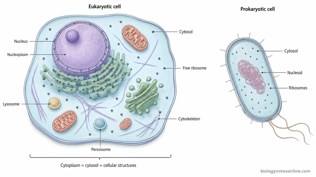 Diagram showing cytosol surrounding organelles in a eukaryotic cell and occupying most of the internal region of a prokaryotic cell, while excluding organelle interiors and the nucleoplasm.