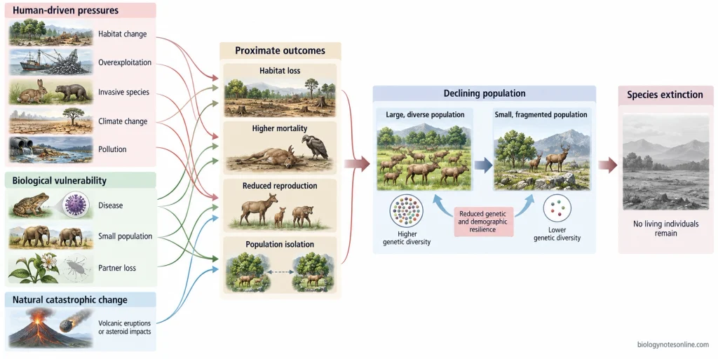 Causal diagram showing habitat change, overexploitation, invasive species, climate change, pollution, disease, small populations, partner loss, and catastrophes converging on population decline and extinction.