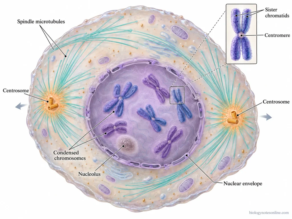 Prophase: Definition, Events, and Stages in Cell Division 1 Scientific diagram of mitotic prophase showing condensed chromosomes, separating centrosomes, developing spindle microtubules, and changes in the nucleus.