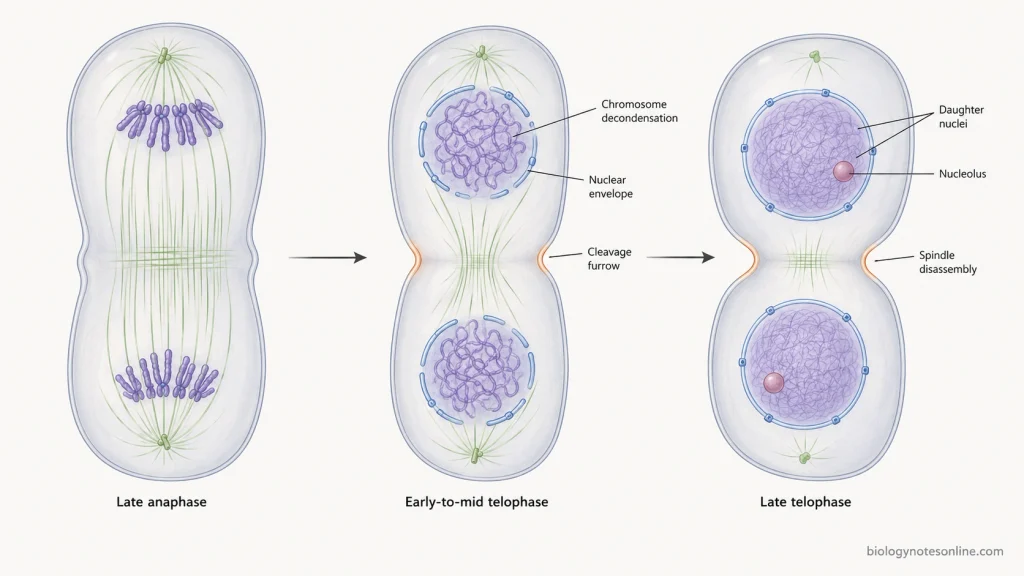 Progression from late anaphase through telophase showing chromosome decondensation, nuclear-envelope reformation, nucleolus restoration, spindle disassembly, and an advancing cleavage furrow.