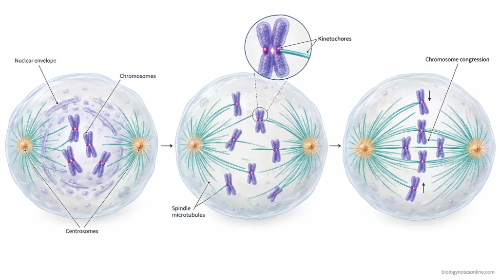 Sequential illustration of nuclear envelope breakdown, spindle microtubule attachment and chromosome congression during prometaphase.