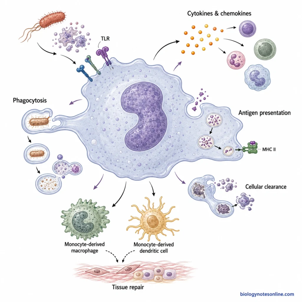 Monocyte functional schematic showing pathogen recognition, phagocytosis, cytokine release, antigen presentation, cellular clearance and differentiation into monocyte-derived cells.