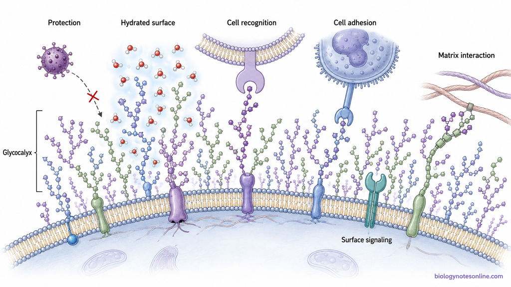 Glycocalyx-covered plasma membrane illustrating surface protection, hydration, cell recognition, cell adhesion and interaction with extracellular matrix.