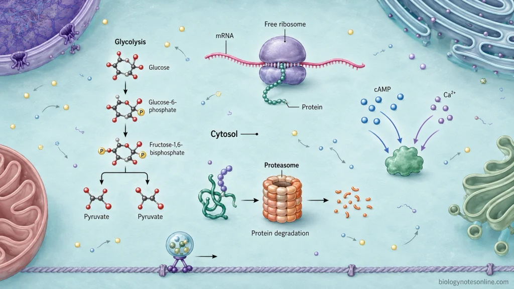 Cytosolic schematic showing glycolysis, protein synthesis on free ribosomes, proteasomal protein degradation, molecular diffusion and intracellular signaling by cAMP and calcium ions.