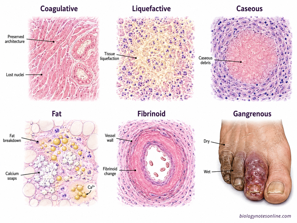 Comparison of coagulative, liquefactive, caseous, fat, fibrinoid, and gangrenous necrosis with their characteristic tissue appearances.