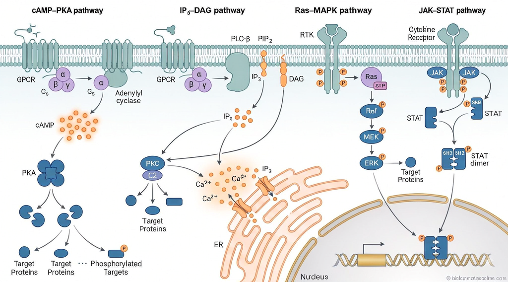 Integrated diagram of GPCR–cAMP–PKA, GPCR–IP₃/DAG–Ca²⁺, RTK–Ras–MAPK, and cytokine receptor–JAK–STAT signaling pathways.