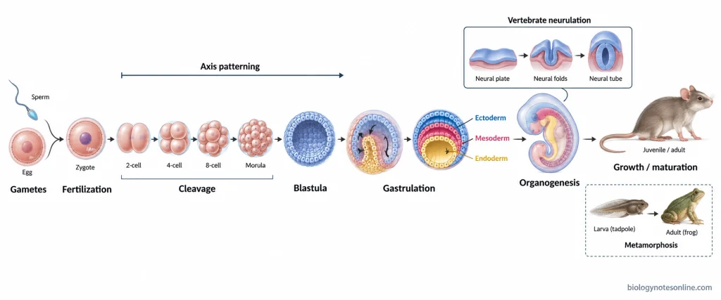 Sequence from fertilization and cleavage through blastula formation, gastrulation, germ layers, organogenesis, and later growth, with overlapping axis patterning and a vertebrate neurulation inset.