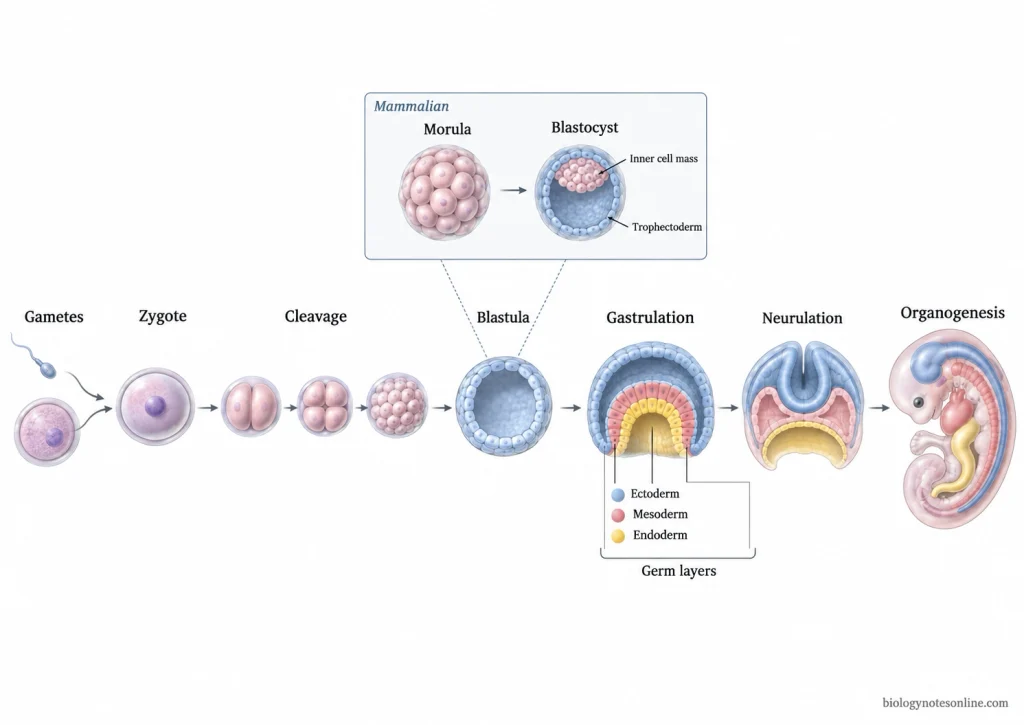 Developmental sequence from gametes and zygote through cleavage, blastula, gastrulation, neurulation and early organogenesis, with a mammalian morula-to-blastocyst inset.