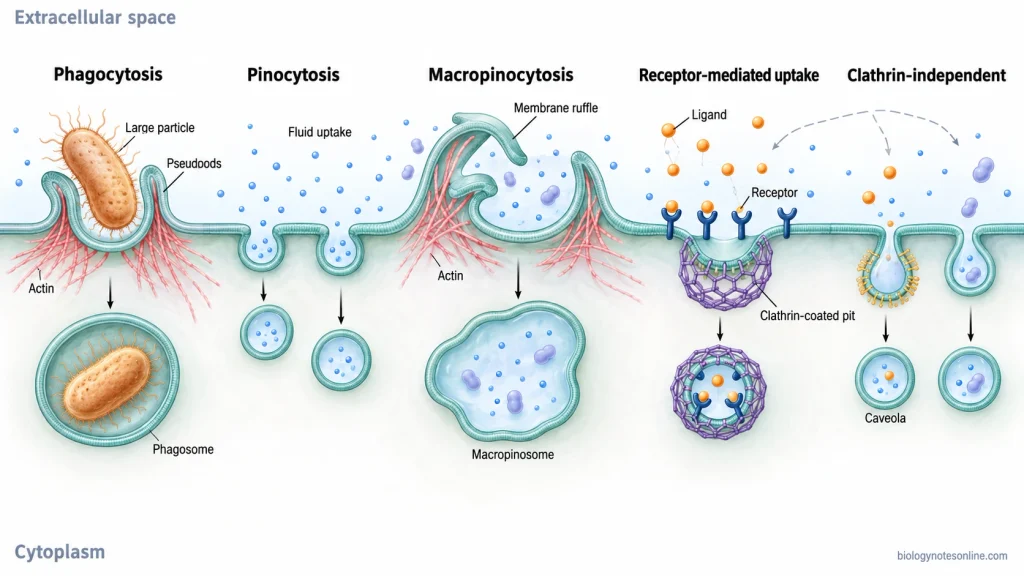 Endocytosis - Definition, Types, Mechanism, Functions & Examples 2 Comparison of phagocytosis, pinocytosis, macropinocytosis, receptor-mediated uptake, and clathrin-independent endocytosis at the plasma membrane.