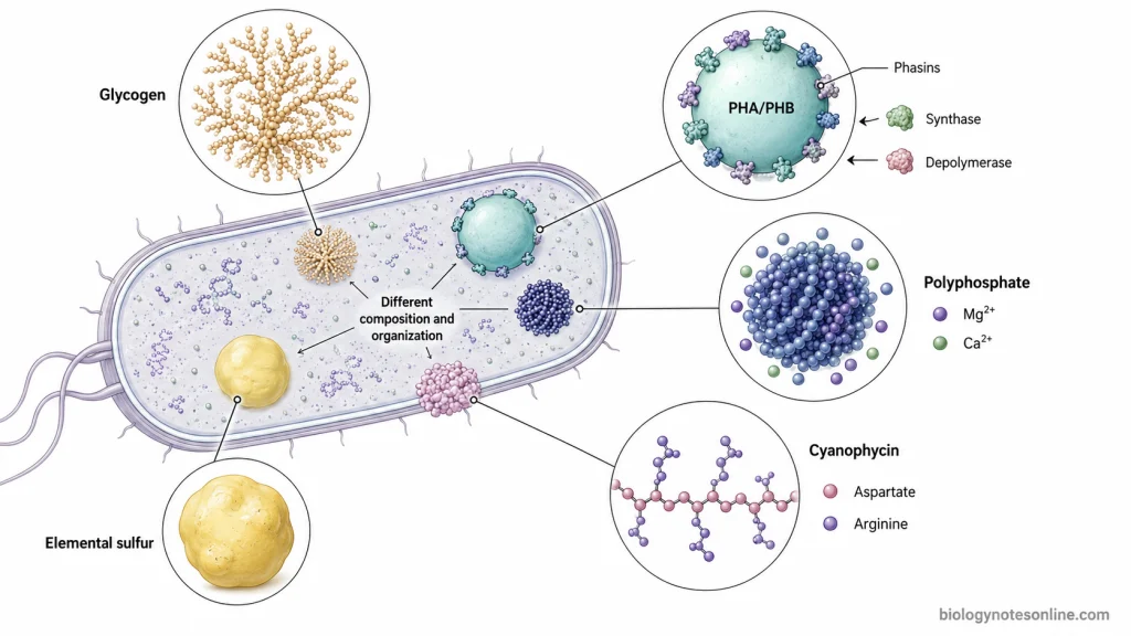 Bacterial cell showing glycogen, PHA, polyphosphate, sulfur, and cyanophycin granules with magnified views of their different compositions and surface organization.