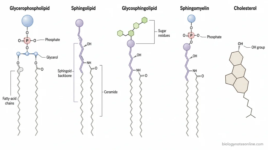 Comparison of glycerophospholipids, sphingolipids, glycosphingolipids, sphingomyelin, and cholesterol showing their major structural differences.