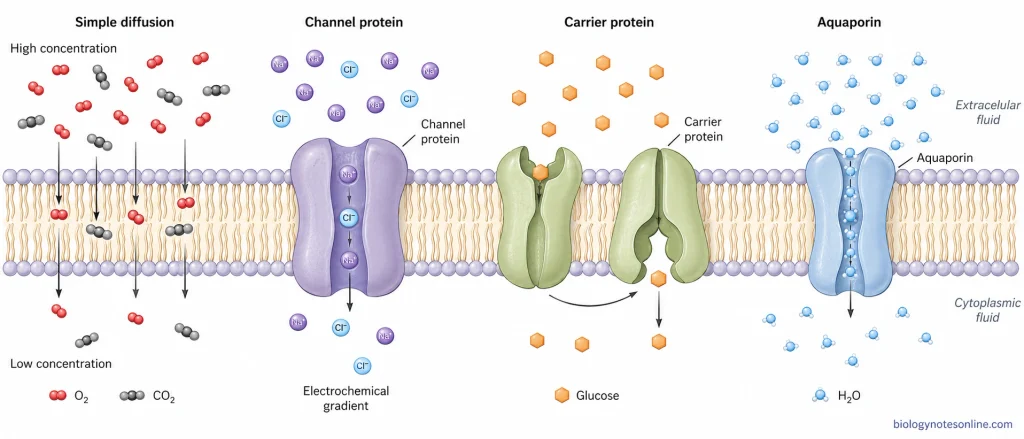 Passive Transport in Cells - Types, Mechanisms, and Examples 1 Cell membrane schematic showing simple diffusion through the lipid bilayer, facilitated diffusion through channel and carrier proteins, and osmotic water movement through aquaporins.