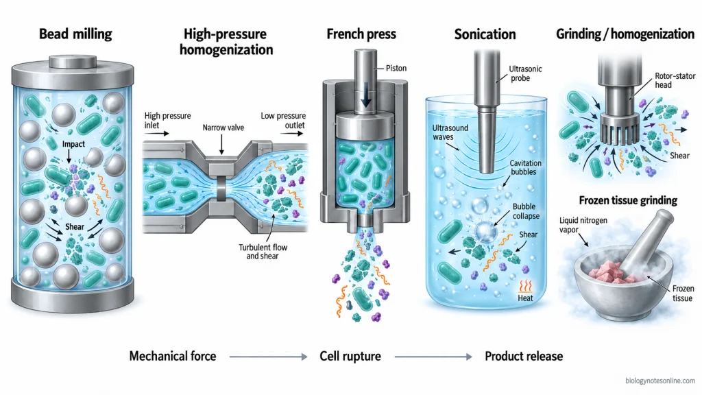 Mechanical cell disruption by bead milling, high-pressure homogenization, French press, sonication, and mechanical grinding.