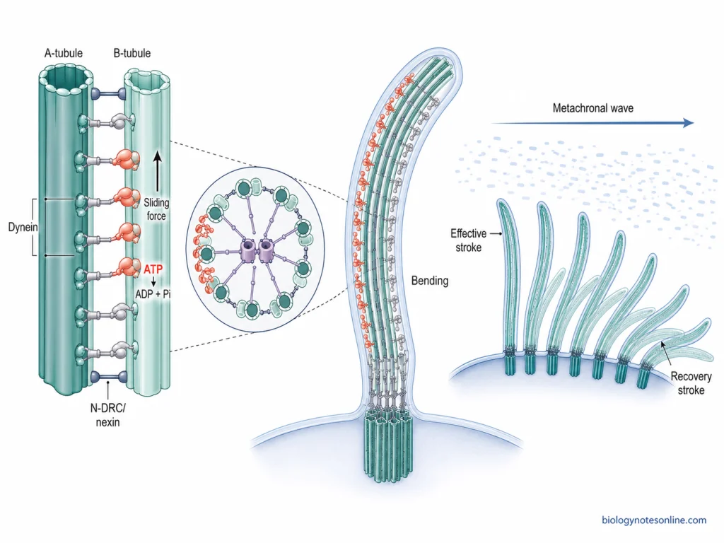 Dynein motors use ATP to generate sliding between adjacent axonemal microtubule doublets, which is constrained into bending and produces effective and recovery strokes.