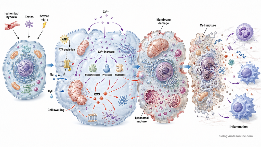 Cellular pathway showing ATP depletion, calcium increase, oxidative damage, membrane injury, lysosomal rupture, cell swelling, rupture, and inflammation during necrosis.