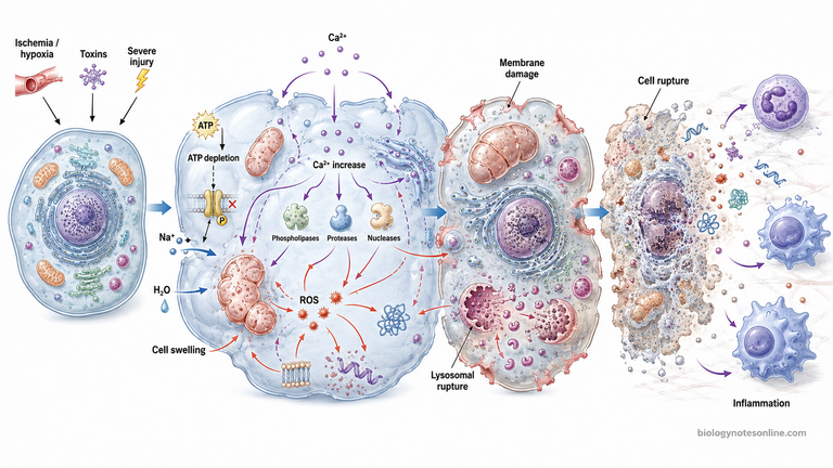 Cellular pathway showing ATP depletion, calcium increase, oxidative damage, membrane injury, lysosomal rupture, cell swelling, rupture, and inflammation during necrosis.