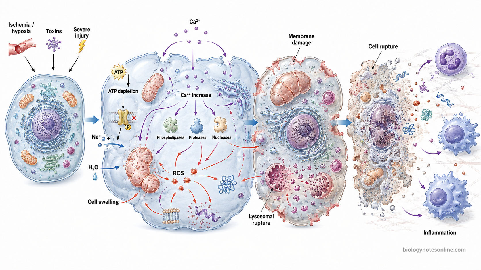 Cellular pathway showing ATP depletion, calcium increase, oxidative damage, membrane injury, lysosomal rupture, cell swelling, rupture, and inflammation during necrosis.