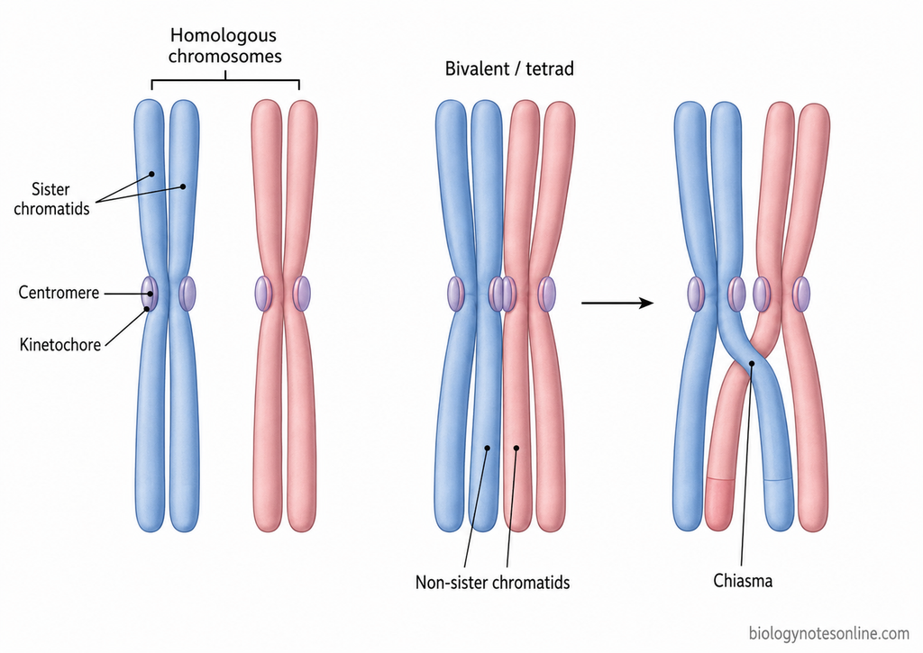 Paired replicated homologous chromosomes showing sister and non-sister chromatids, centromeres, a tetrad, chiasma, and crossover between homologs.