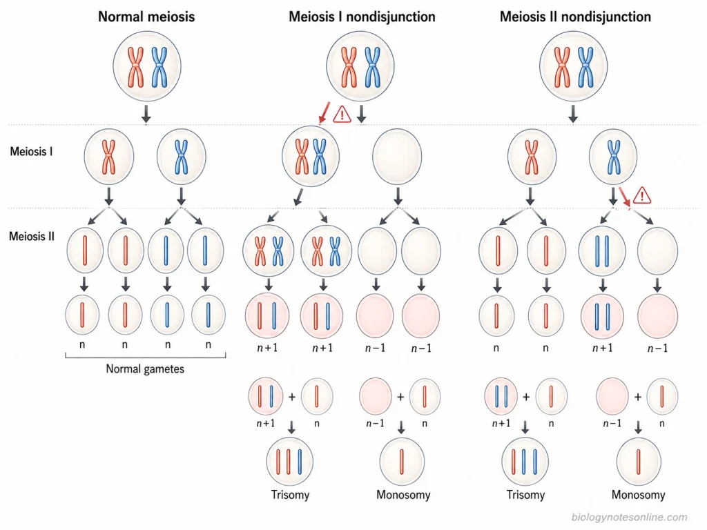 Gametogenesis: Definition, Process, Spermatogenesis and Oogenesis 6 Comparison of normal meiosis with nondisjunction in meiosis I and meiosis II, showing formation of normal, n+1, and n−1 gametes.