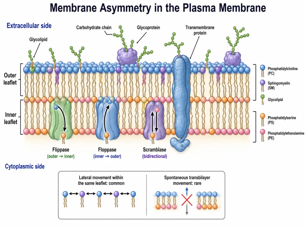 Scientific diagram showing asymmetric distribution of membrane lipids, extracellular carbohydrates, protein orientation, and the roles of flippase, floppase, and scramblase.