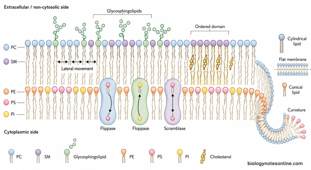 Animal plasma membrane showing unequal lipid distribution between leaflets, lateral lipid movement, and transbilayer transport by flippases, floppases, and scramblases.