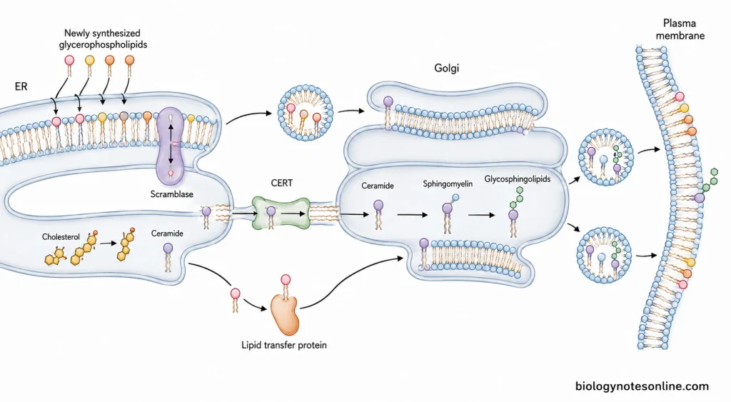 Pathway showing membrane-lipid synthesis in the ER, ceramide transport to the Golgi, sphingolipid modification, and distribution to the plasma membrane.
